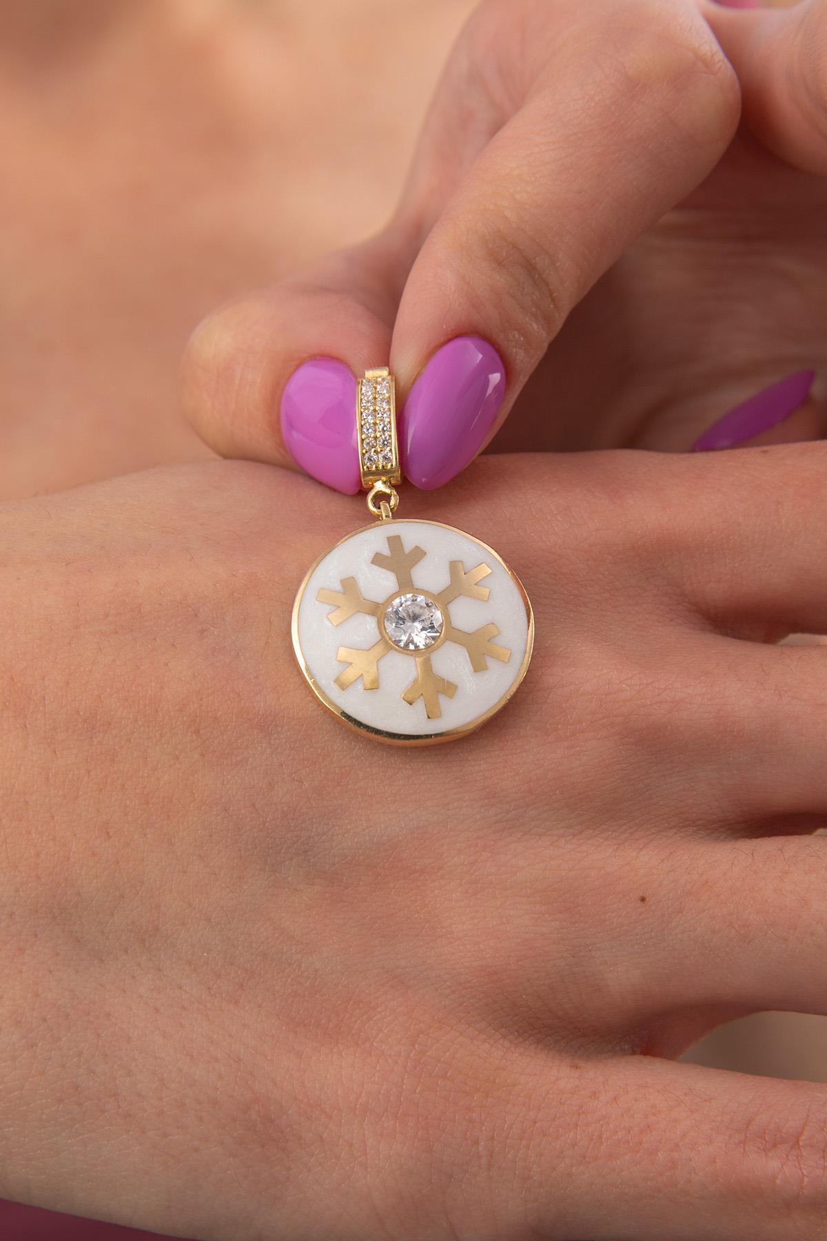 14K Gold White Enamel Snowflake Charm