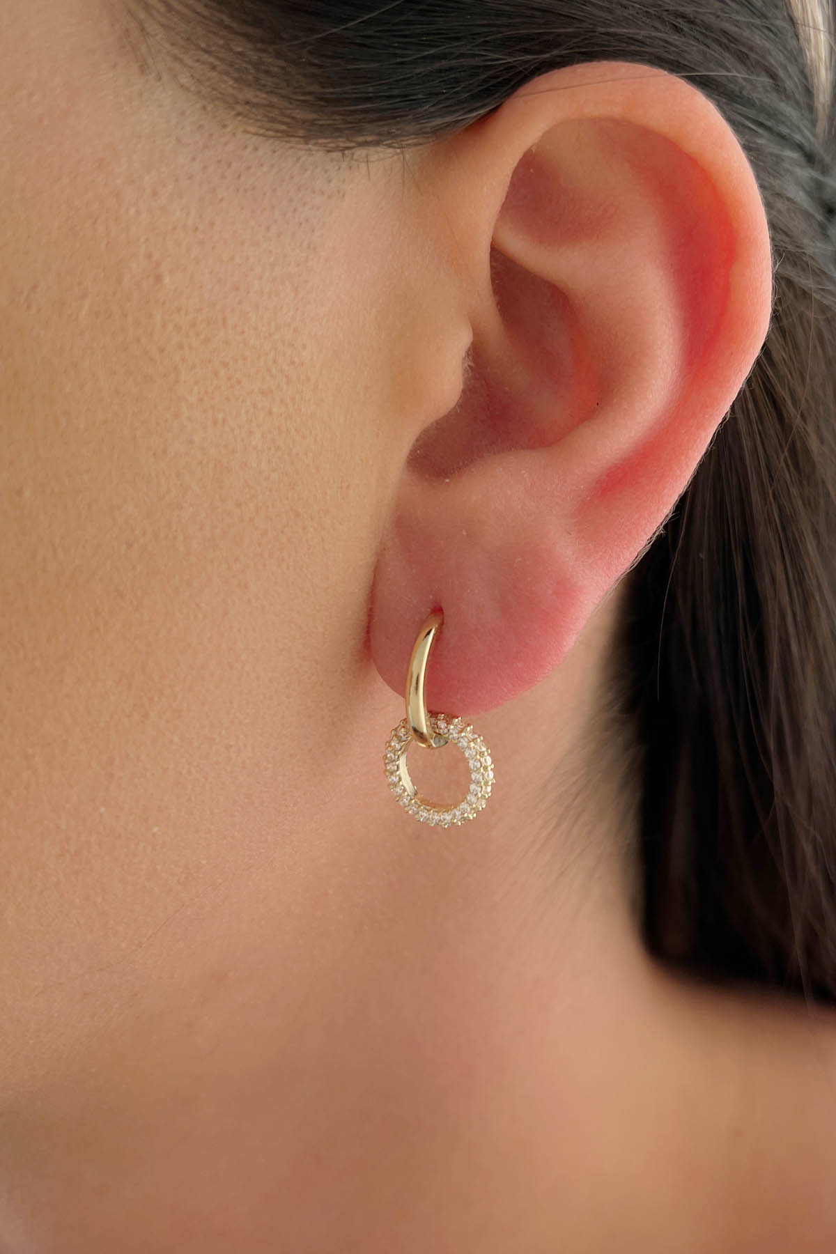 14K Gold White Stone Circle Huggie Hoop Earrings