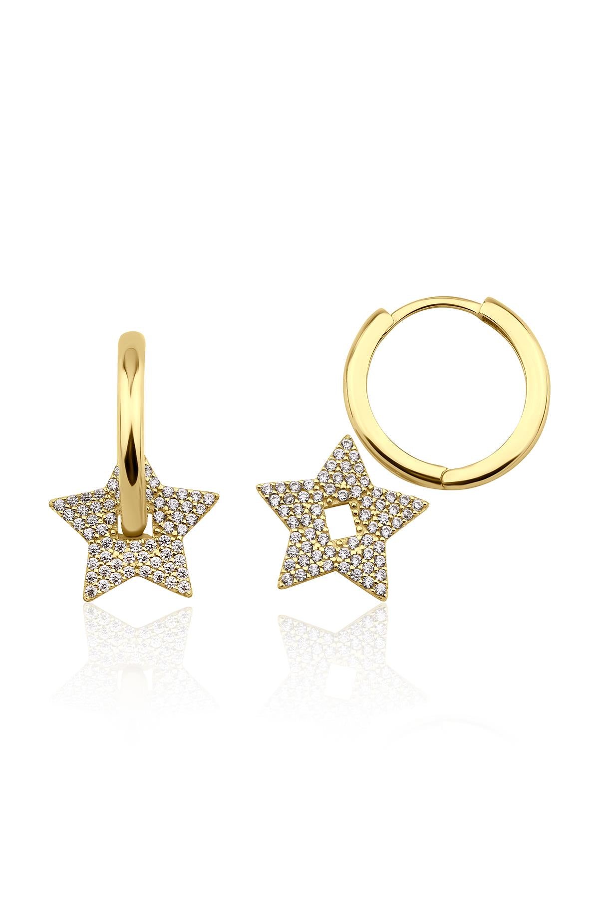 14K Gold White Stone Star Huggie Earrings
