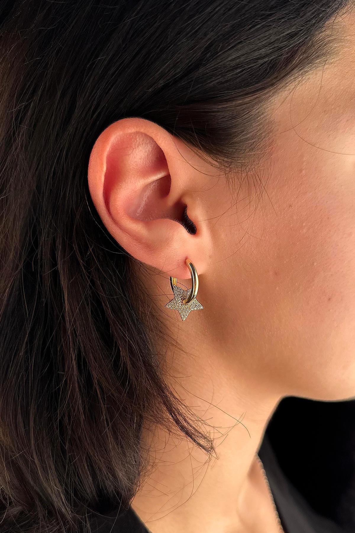 14K Gold White Stone Star Huggie Earrings