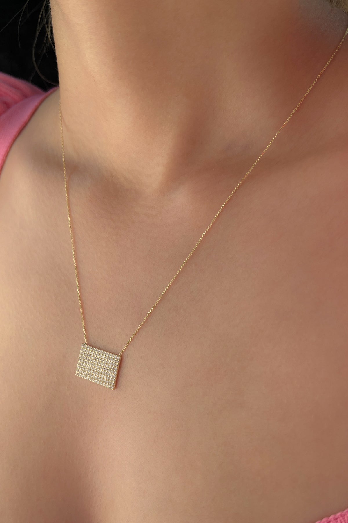 14K Gold White Stones Designed Rectangle Necklace