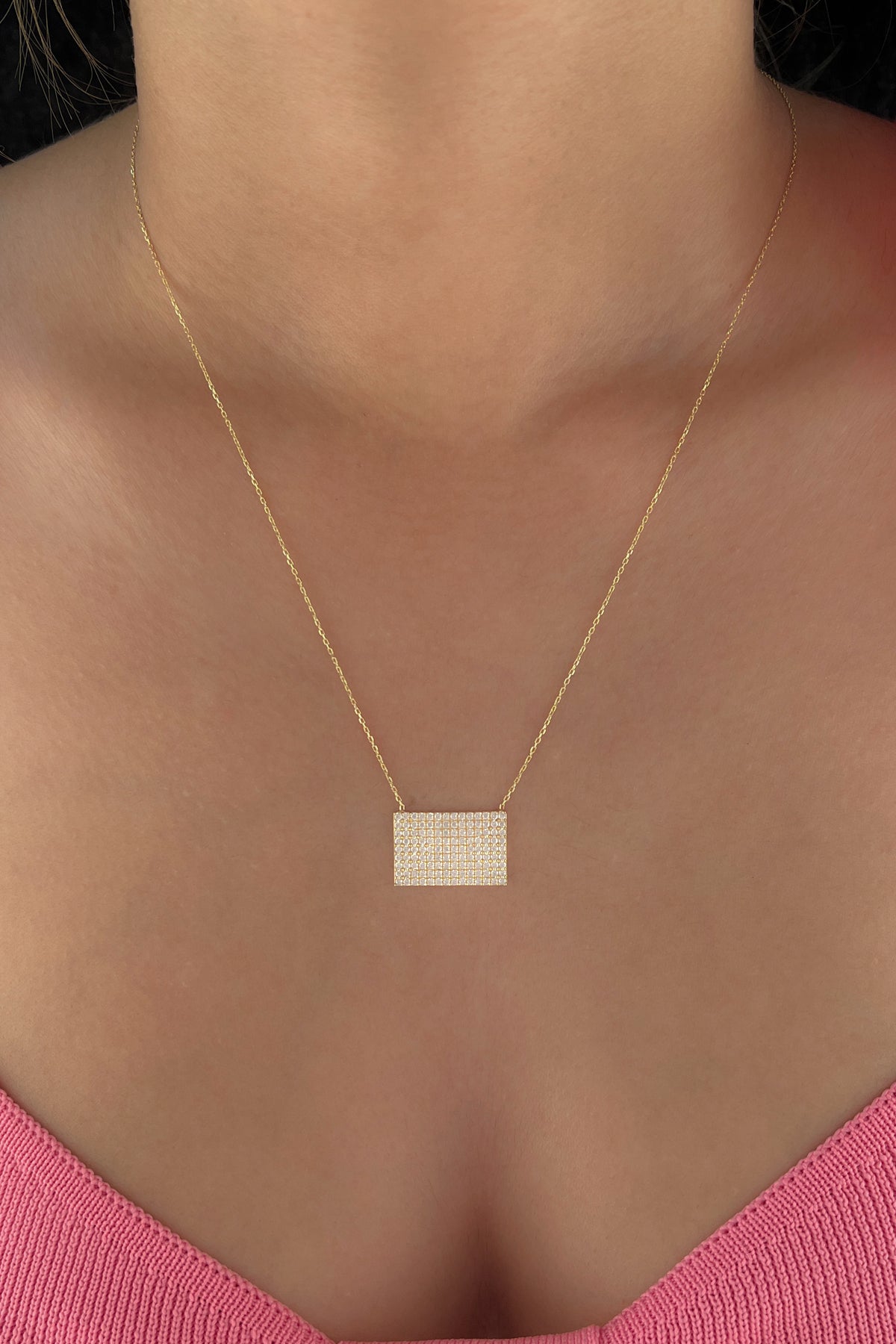 14K Gold White Stones Designed Rectangle Necklace