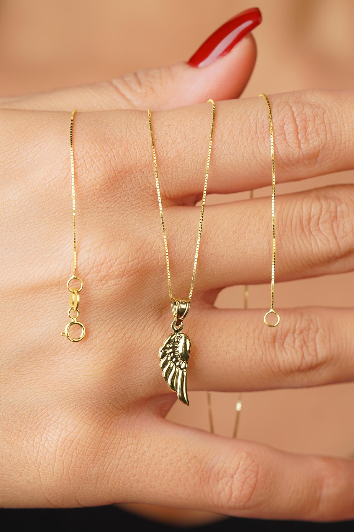 14K Solid Gold Wing Detailed Cube Chain Necklace