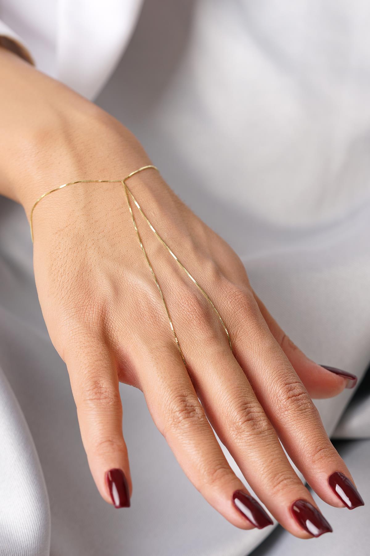 14K Solid Gold Box Link Finger Bracelet