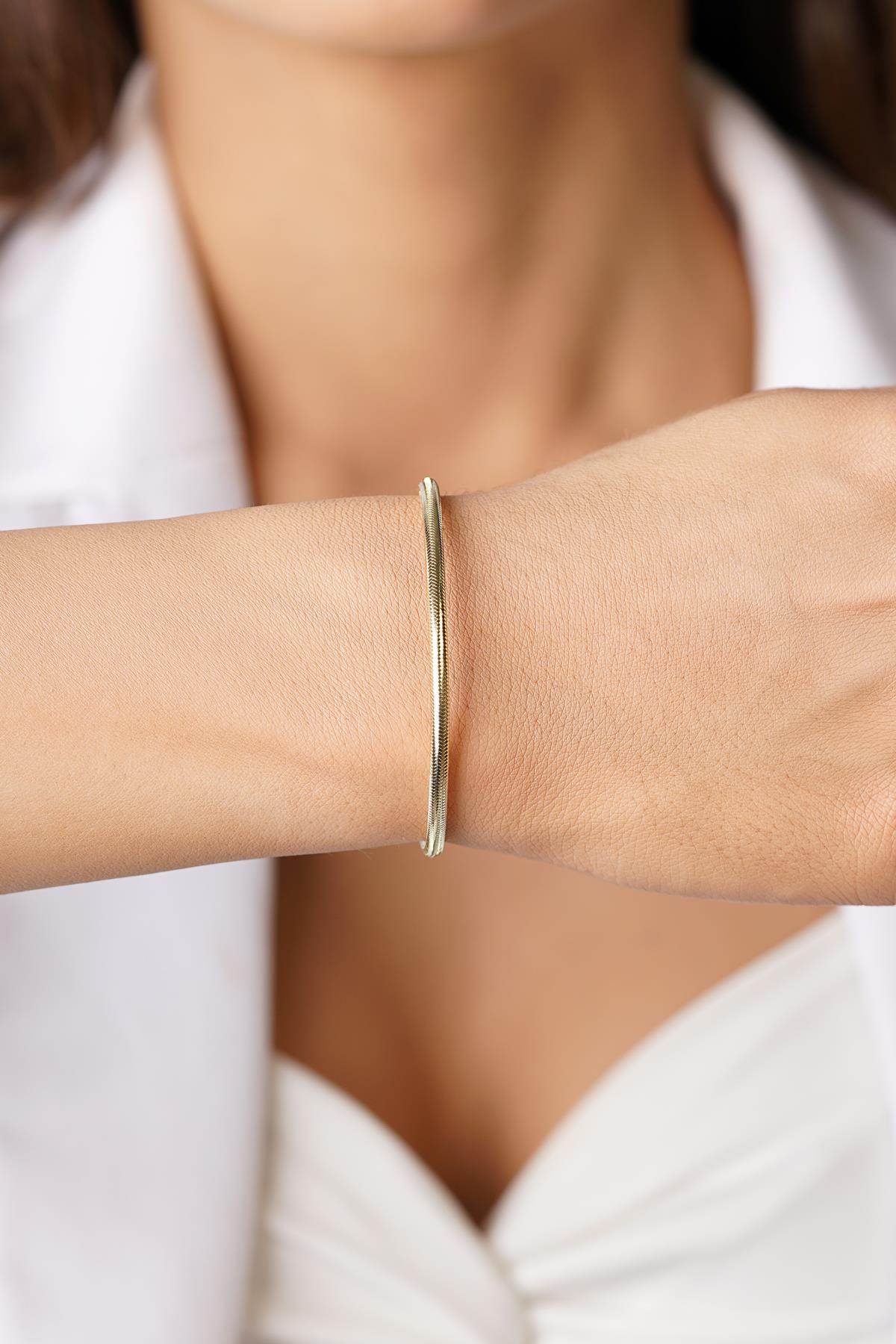 14k Solid Gold Flexible Italian Bracelet, 3mm Mesh Chain, Adjustable Gold Bangle, Real Gold Stacking Bracelet, Gift for Her