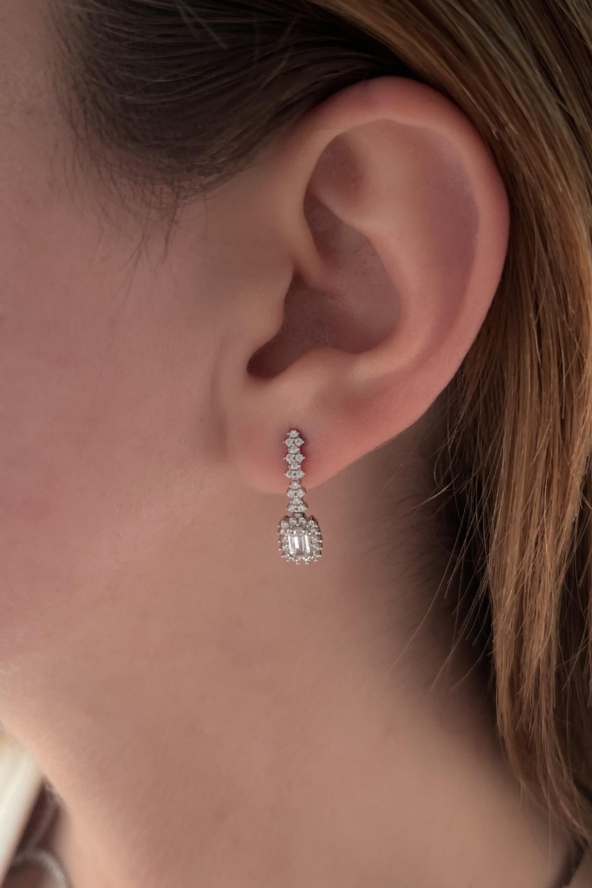 14K White Gold Baguette Drop Stud Earrings