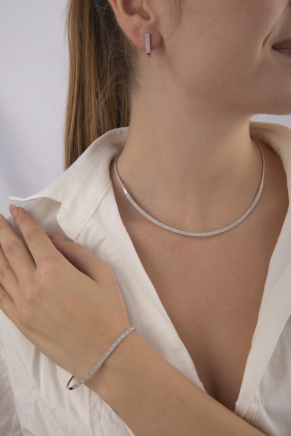 14K Gold Double Row Tennis Set (Necklace , Earrings , Bracelet )