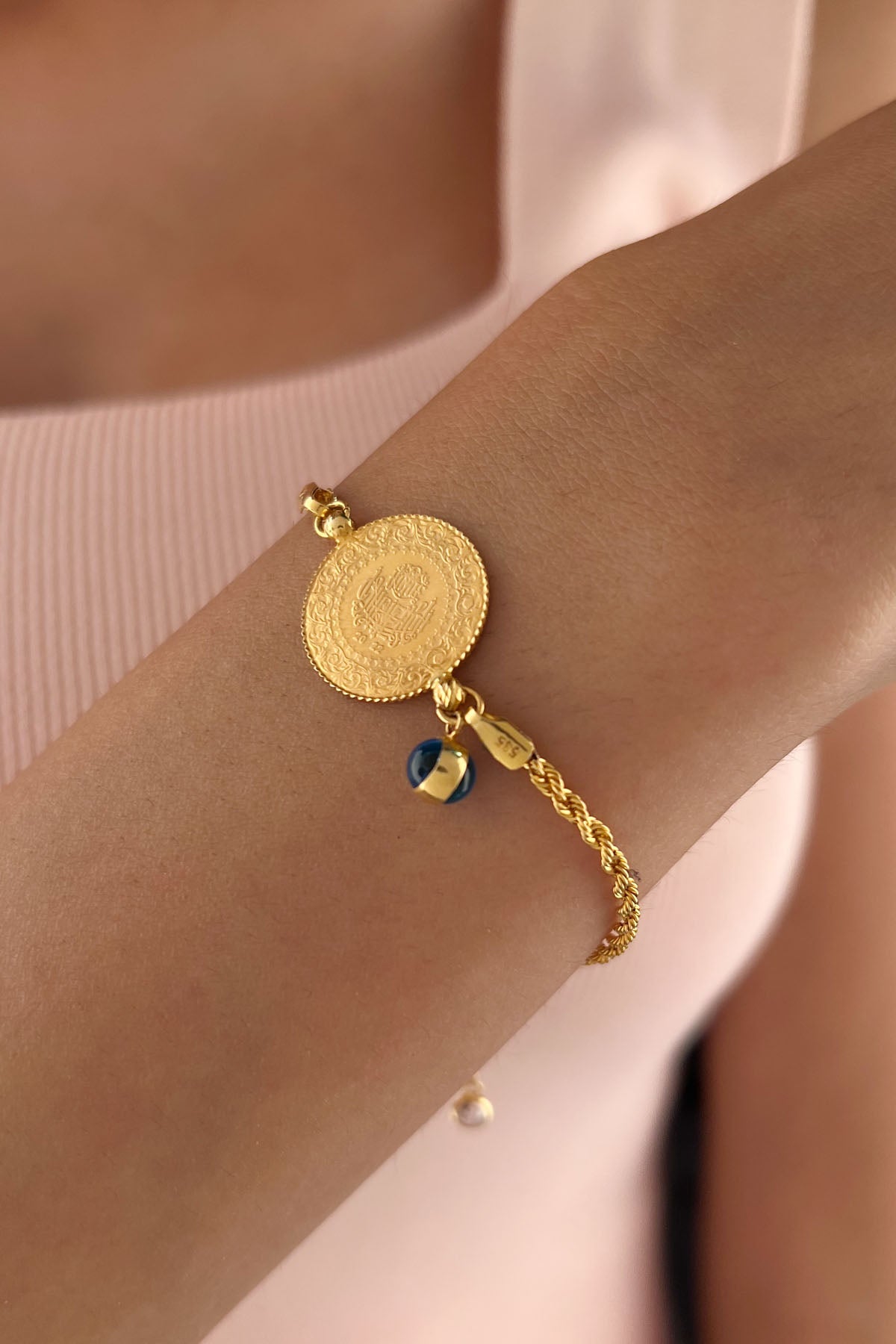 22K Gold Coin and 14K Gold Rope Bracelet