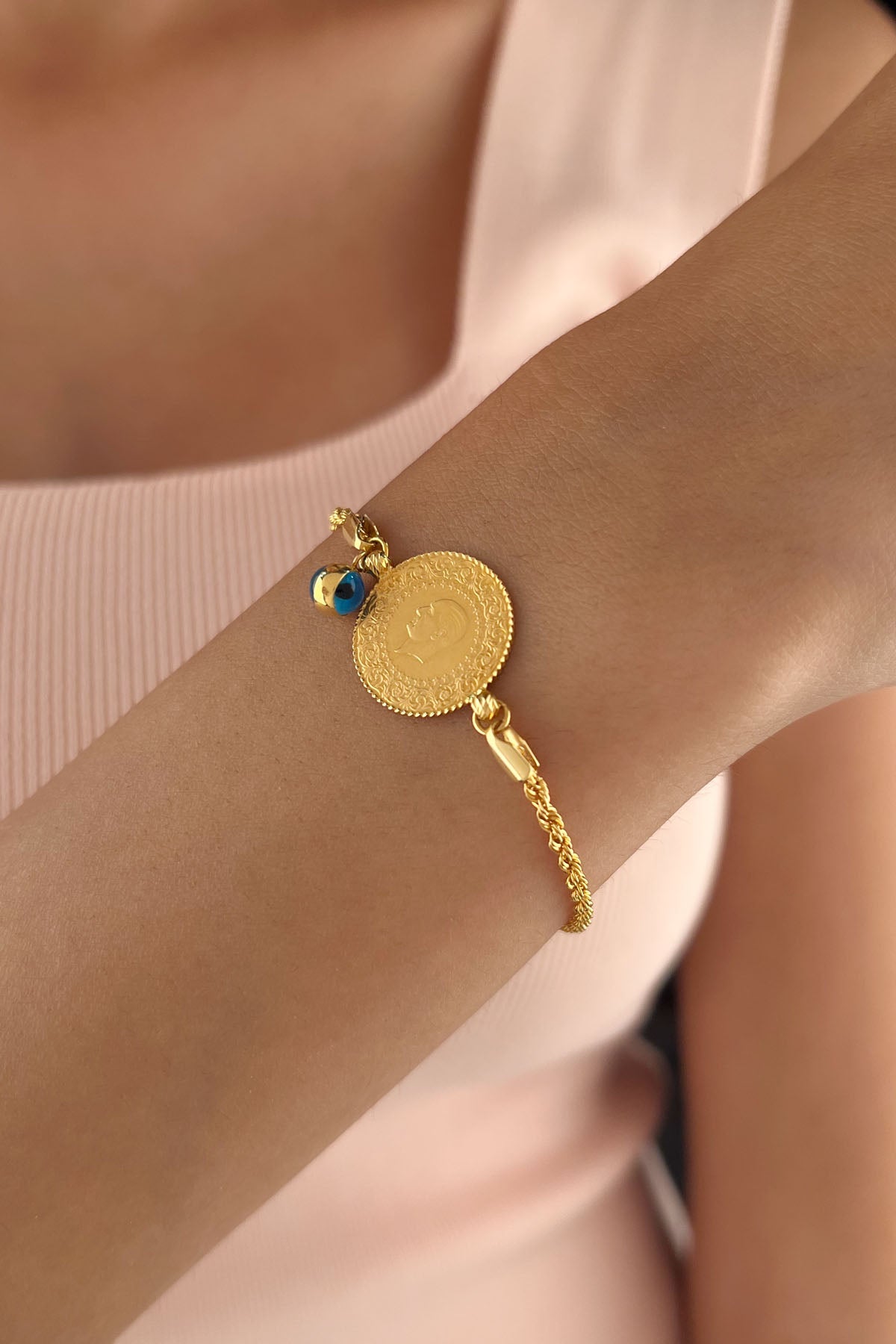 22K Gold Coin and 14K Gold Rope Bracelet