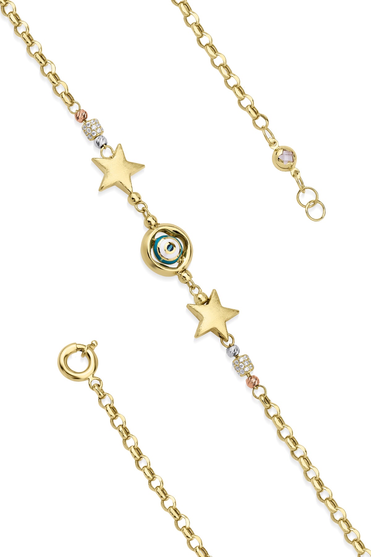 14K Gold Rolo Bracelet With Stars & Evil Eye