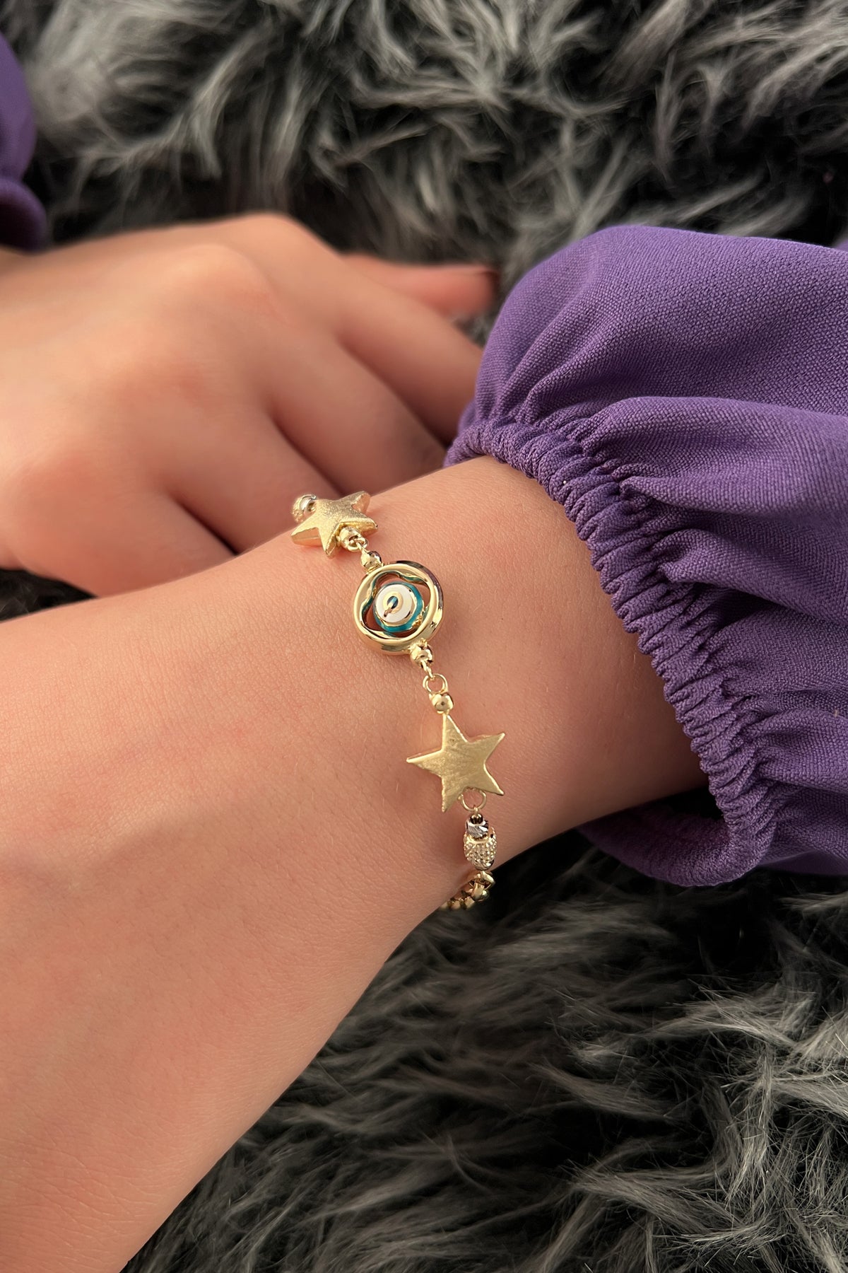 14K Gold Rolo Bracelet With Stars & Evil Eye