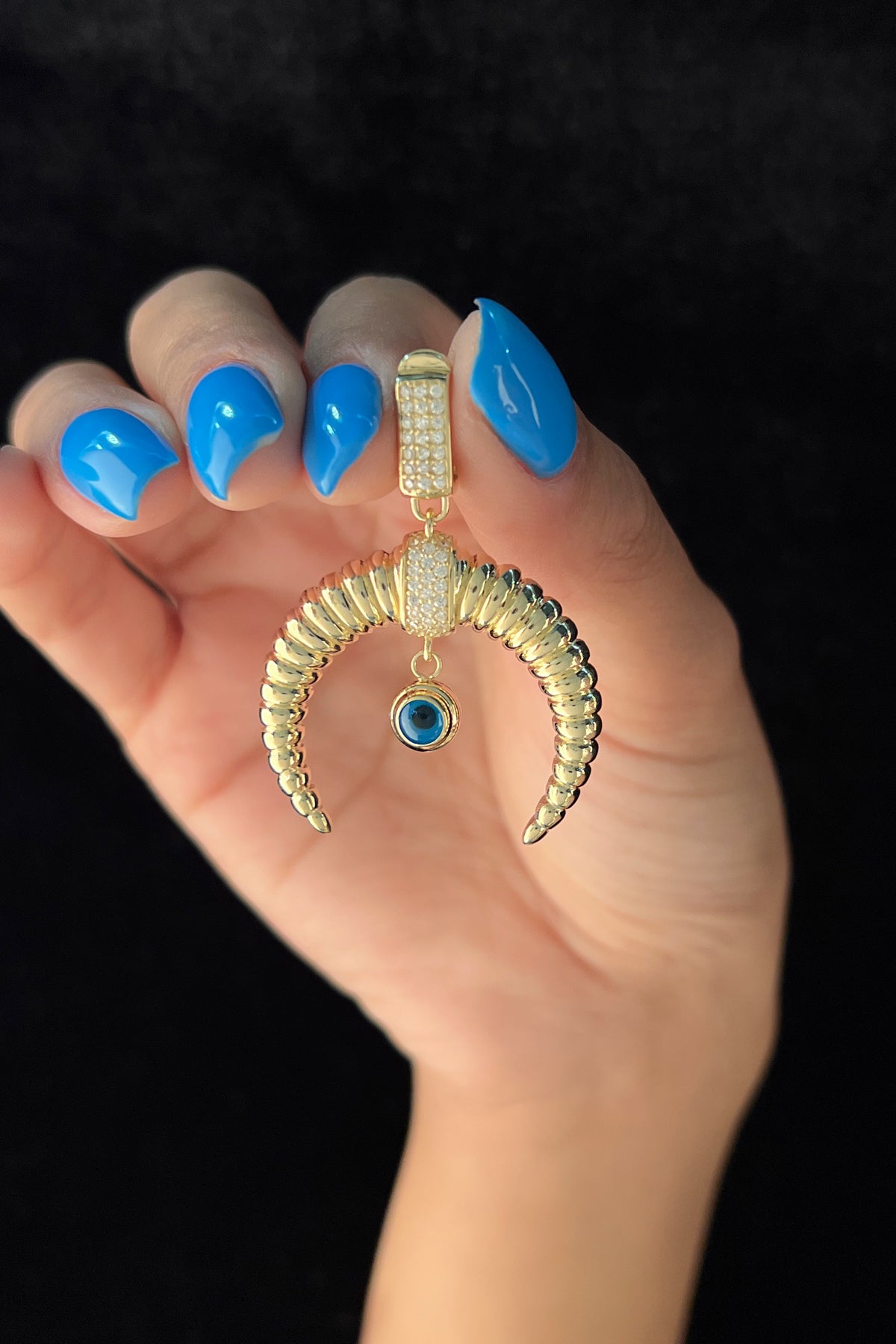 14K Gold Stone Locket Eye Detailed Inverted Moon Large Charm