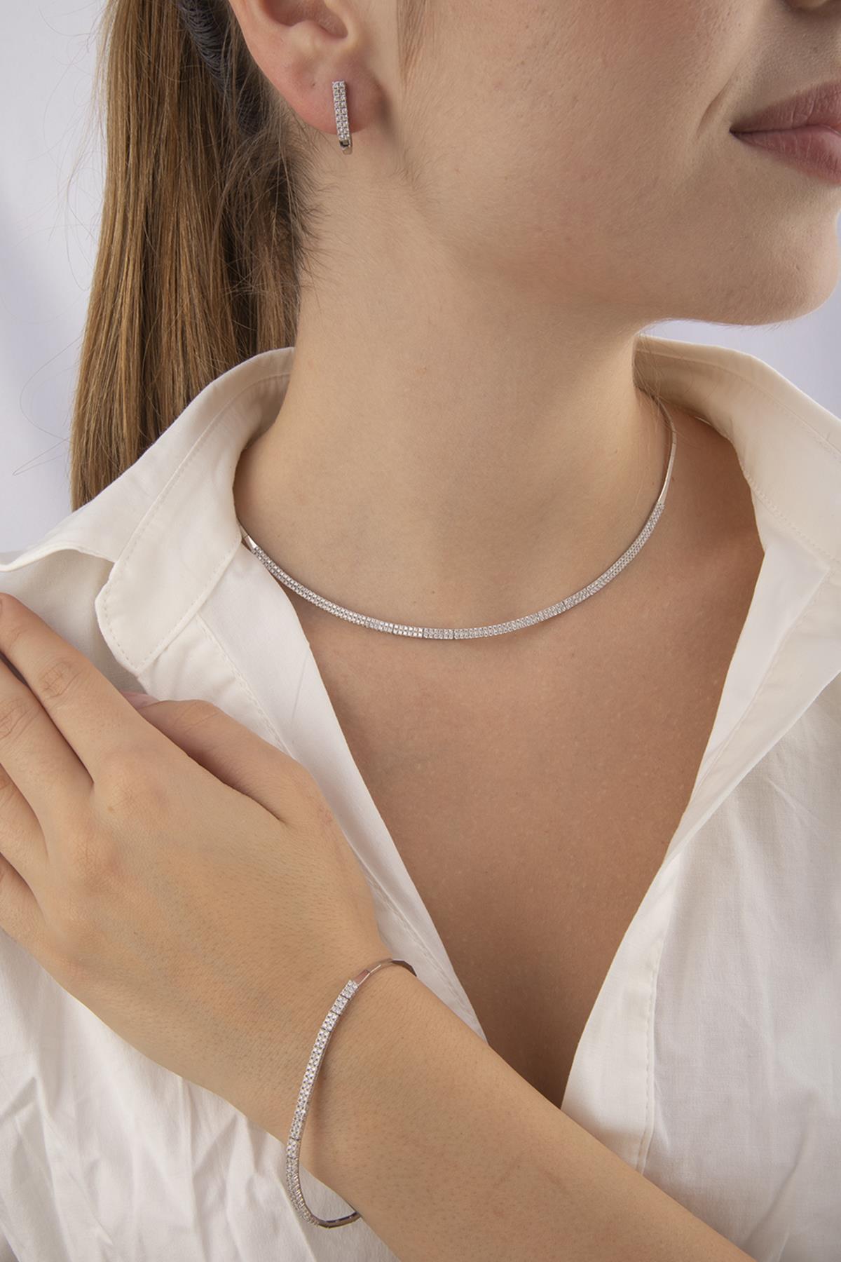 14K Gold Double Row Tennis Set (Necklace , Earrings , Bracelet )