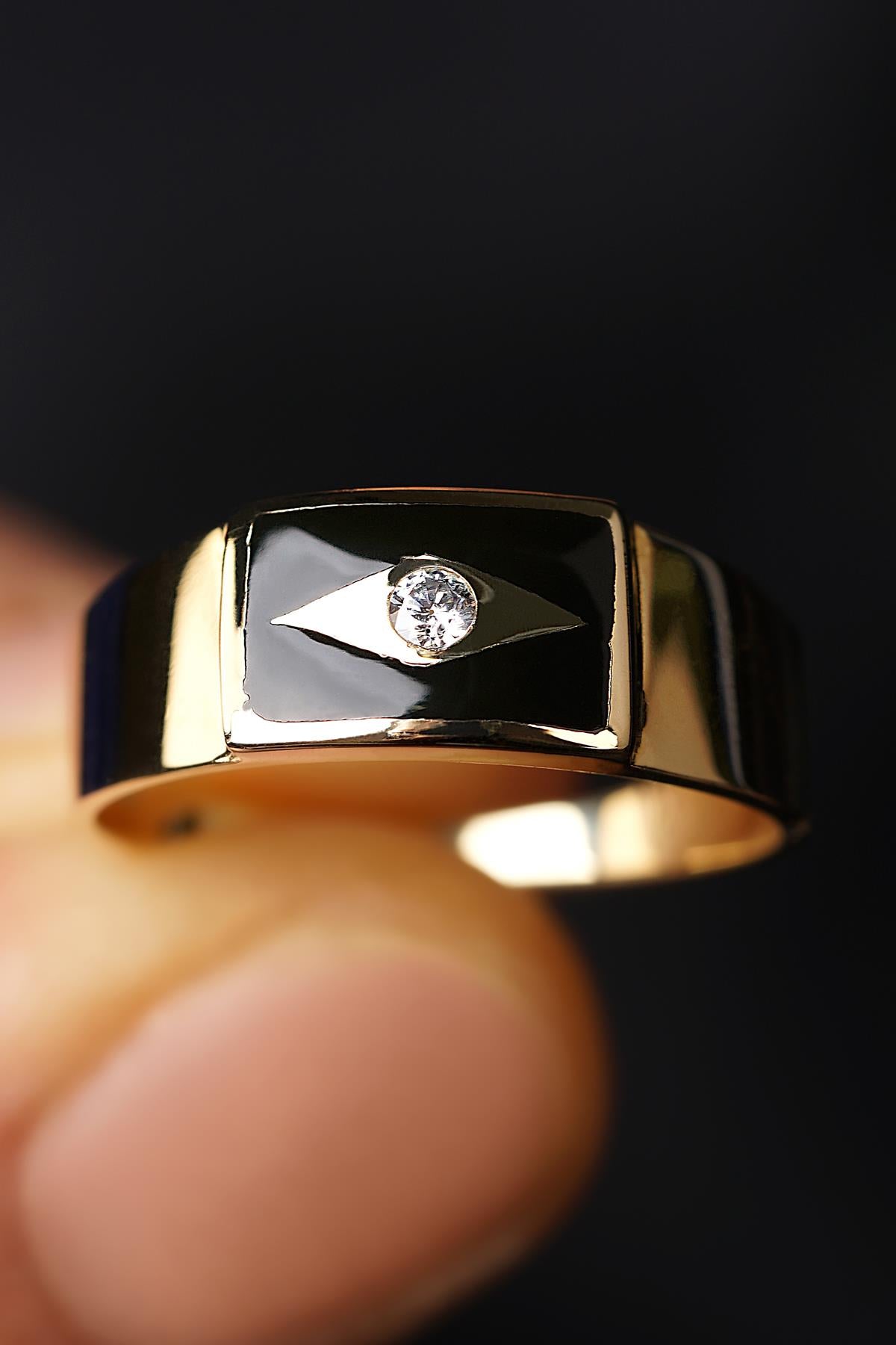 Men's 14K Gold Black Enamel Signet Ring