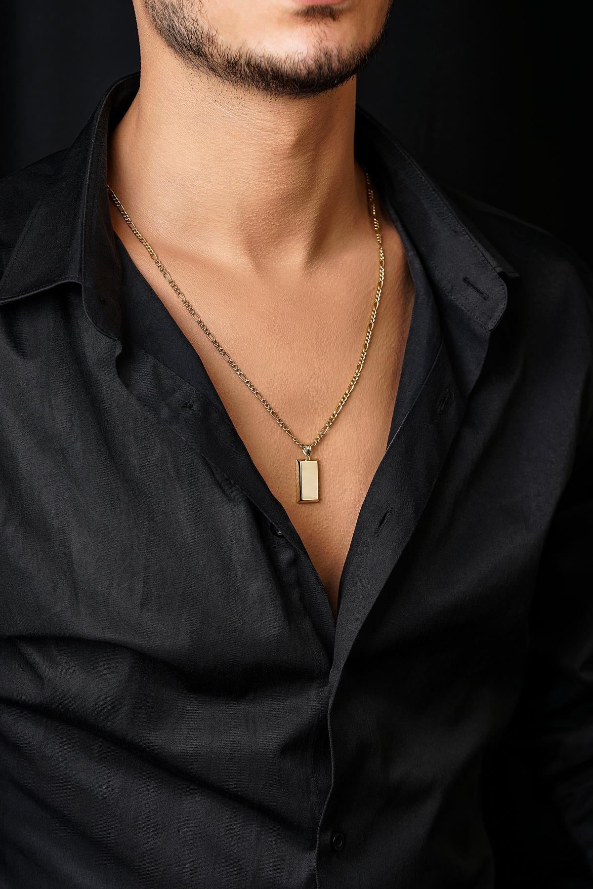 Men's 14K Solid Gold Ingot Charm on Figaro Chain
