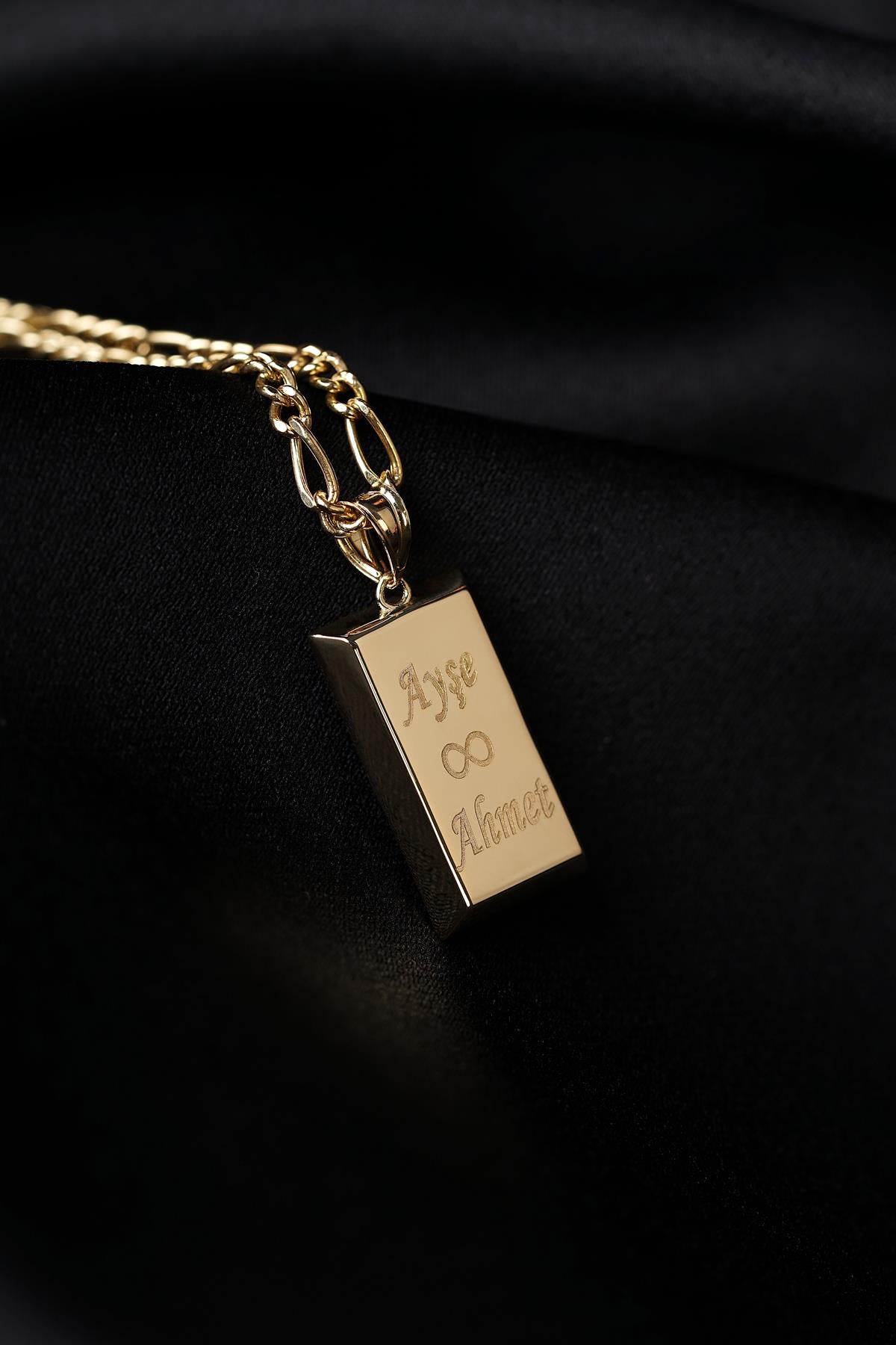 Men's 14K Solid Gold Ingot Charm on Figaro Chain
