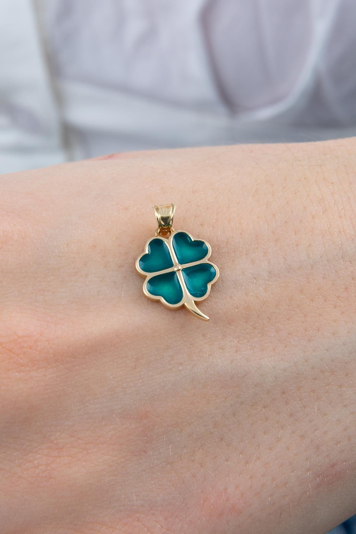 14K Gold Green Enamel Clover Charm