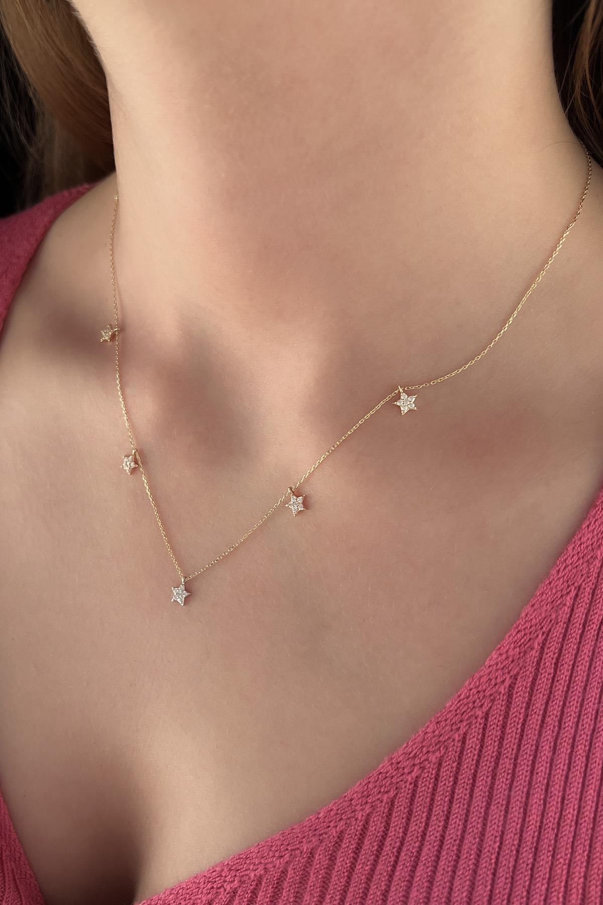 14K Gold 5 Star Stone Drop Necklace