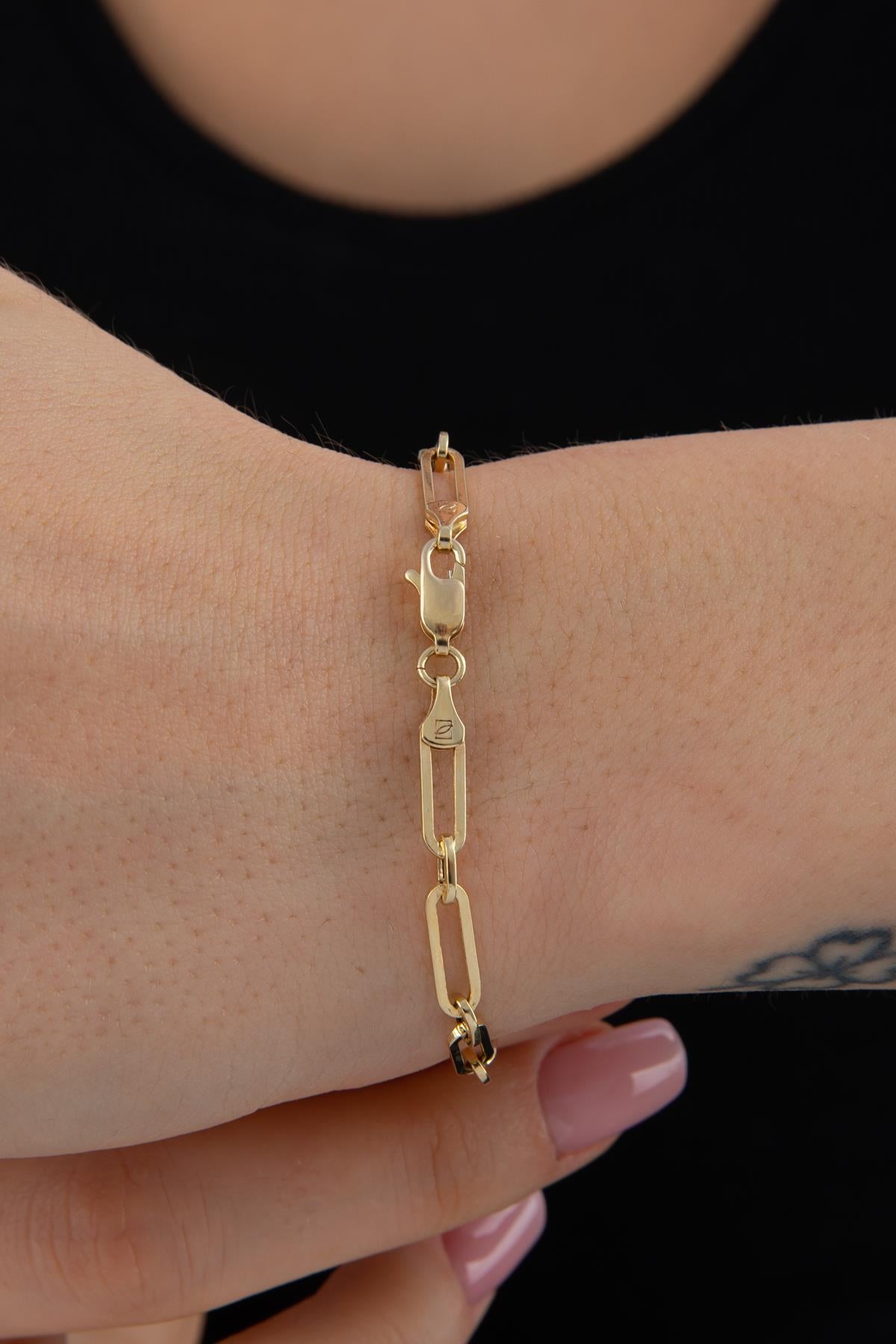 14K Solid Gold Alternating Paperclip Bracelet