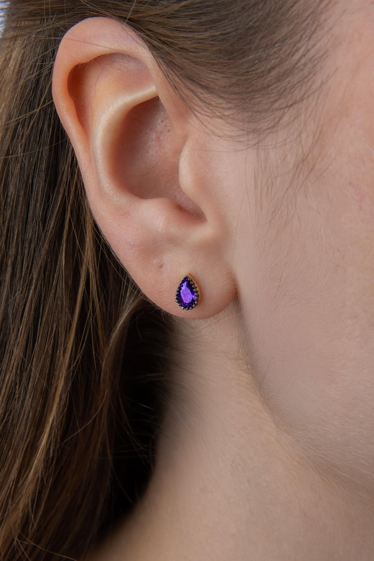 14K Gold Amethyst Stone Drop Shape Stud Earrings