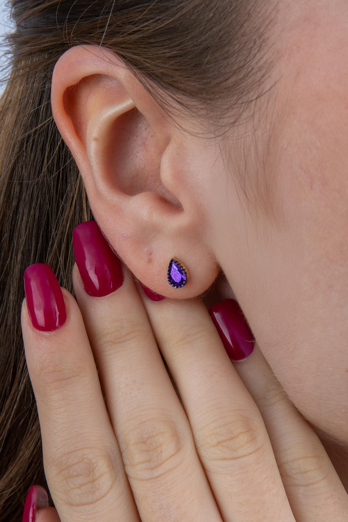 14K Gold Amethyst Stone Drop Shape Stud Earrings