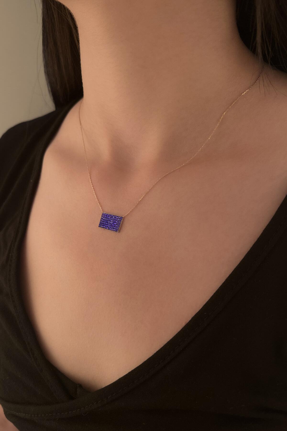 14K Gold Amethyst Stones Designed Rectangle Necklace