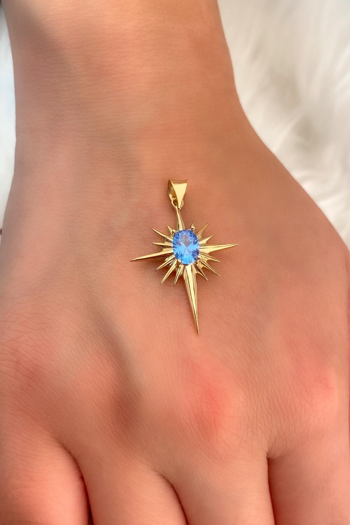 14K Solid Gold Aquamarine Stone Polar Star Charm