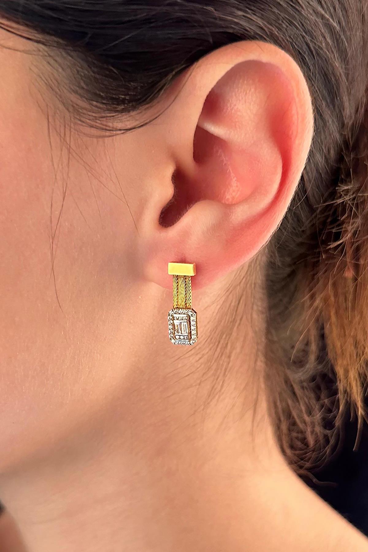 14K Gold Baguette Drop Stud Earrings