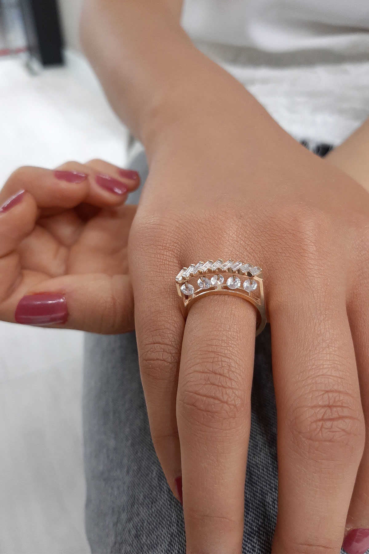 14K Gold Baguette With Dangl Stone Ring