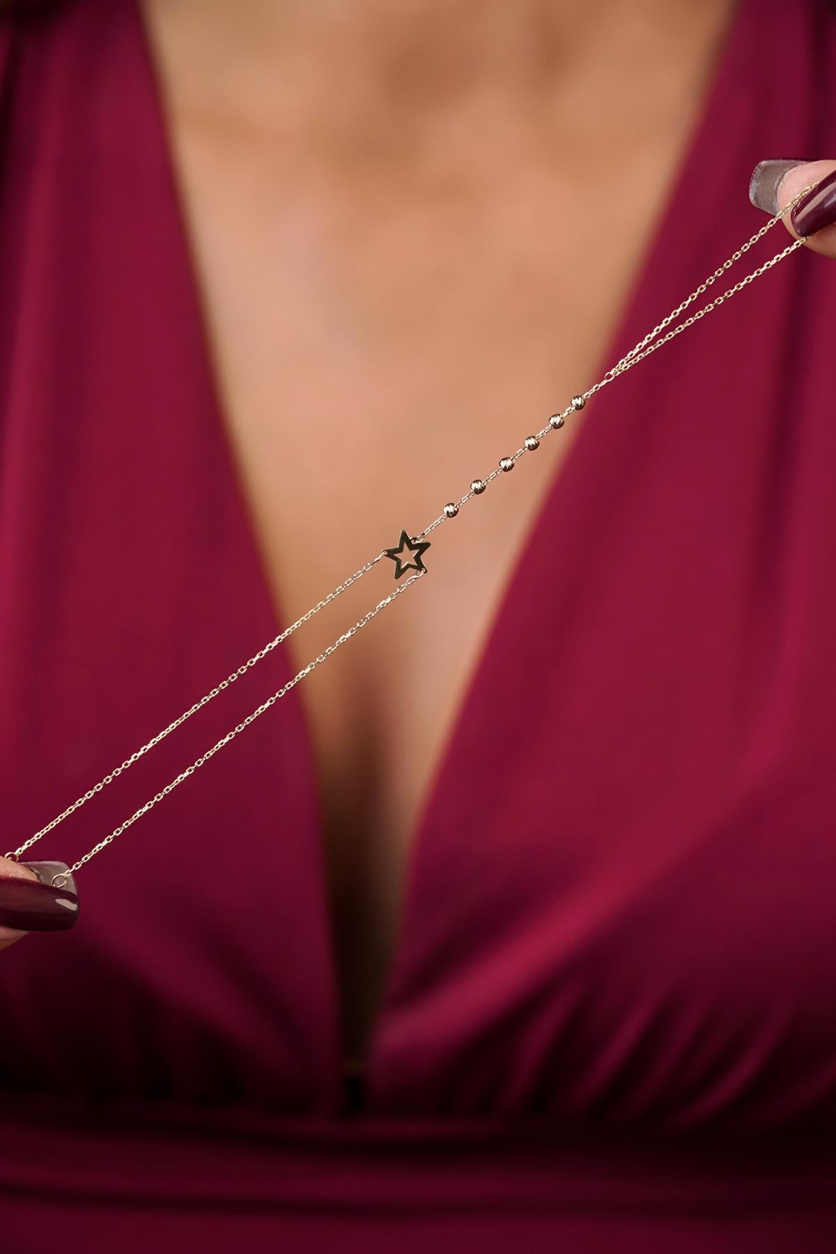 14K Gold Beaded Hand Chain with Star Detail