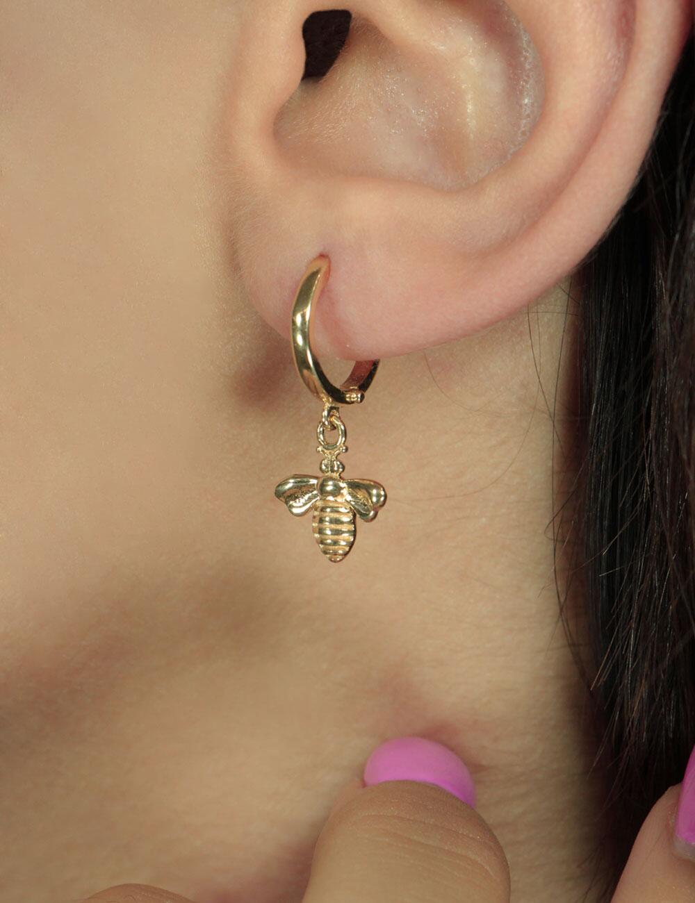 14K Gold Bee Dangle Huggie Earrings