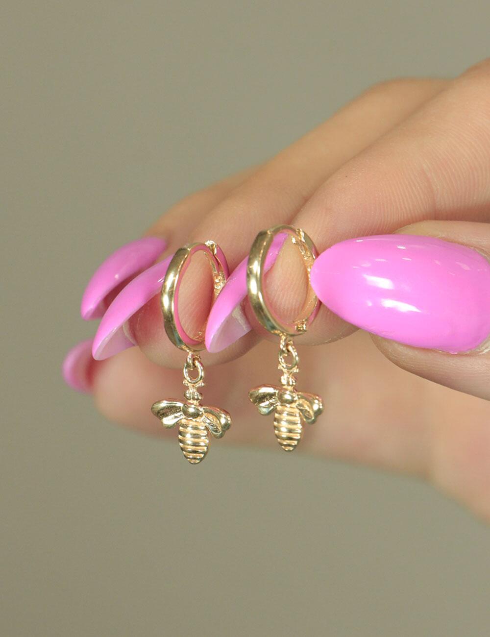 14K Gold Bee Dangle Huggie Earrings