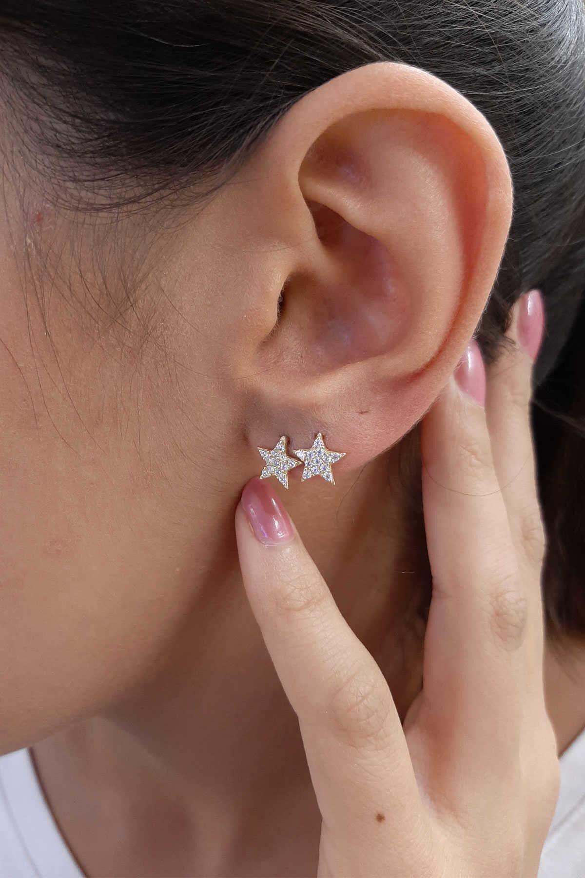 14K Gold Big Star Stone Stud Earrings