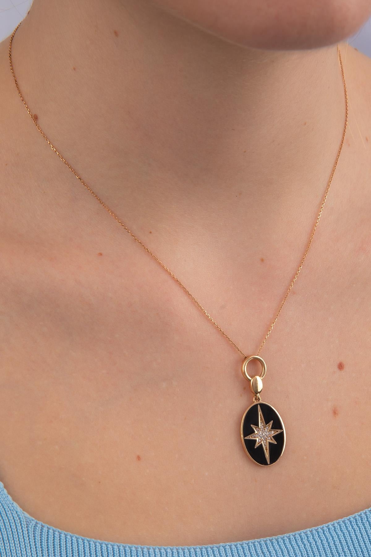 14K Gold Black Enamel North Star Necklace