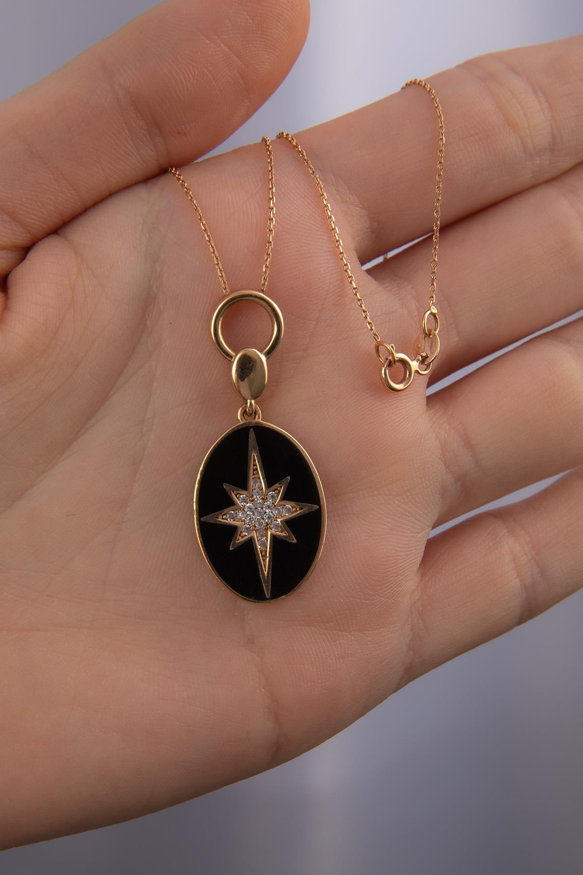 14K Gold Black Enamel North Star Necklace