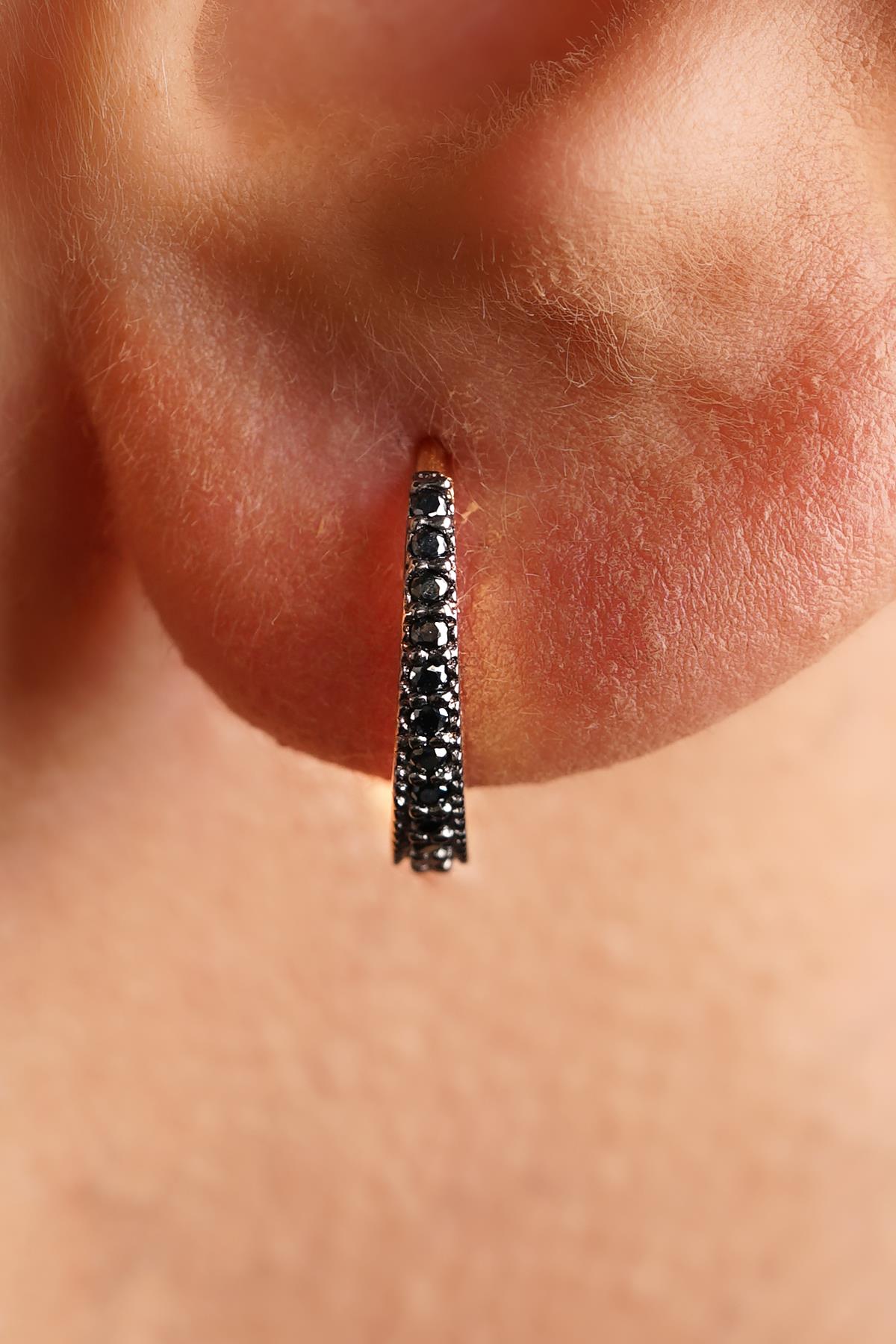 14K Solid Gold Black Stone Huggie Hoop Earrings
