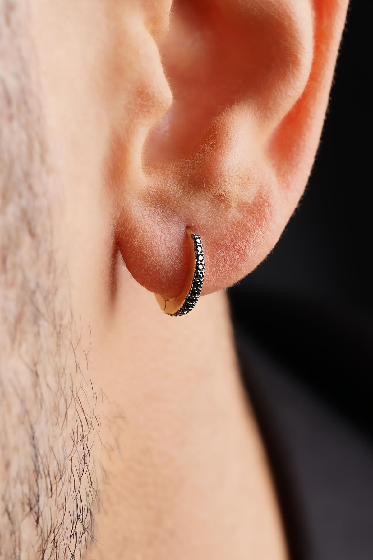 14K Solid Gold Black Stone Huggie Hoop Earrings