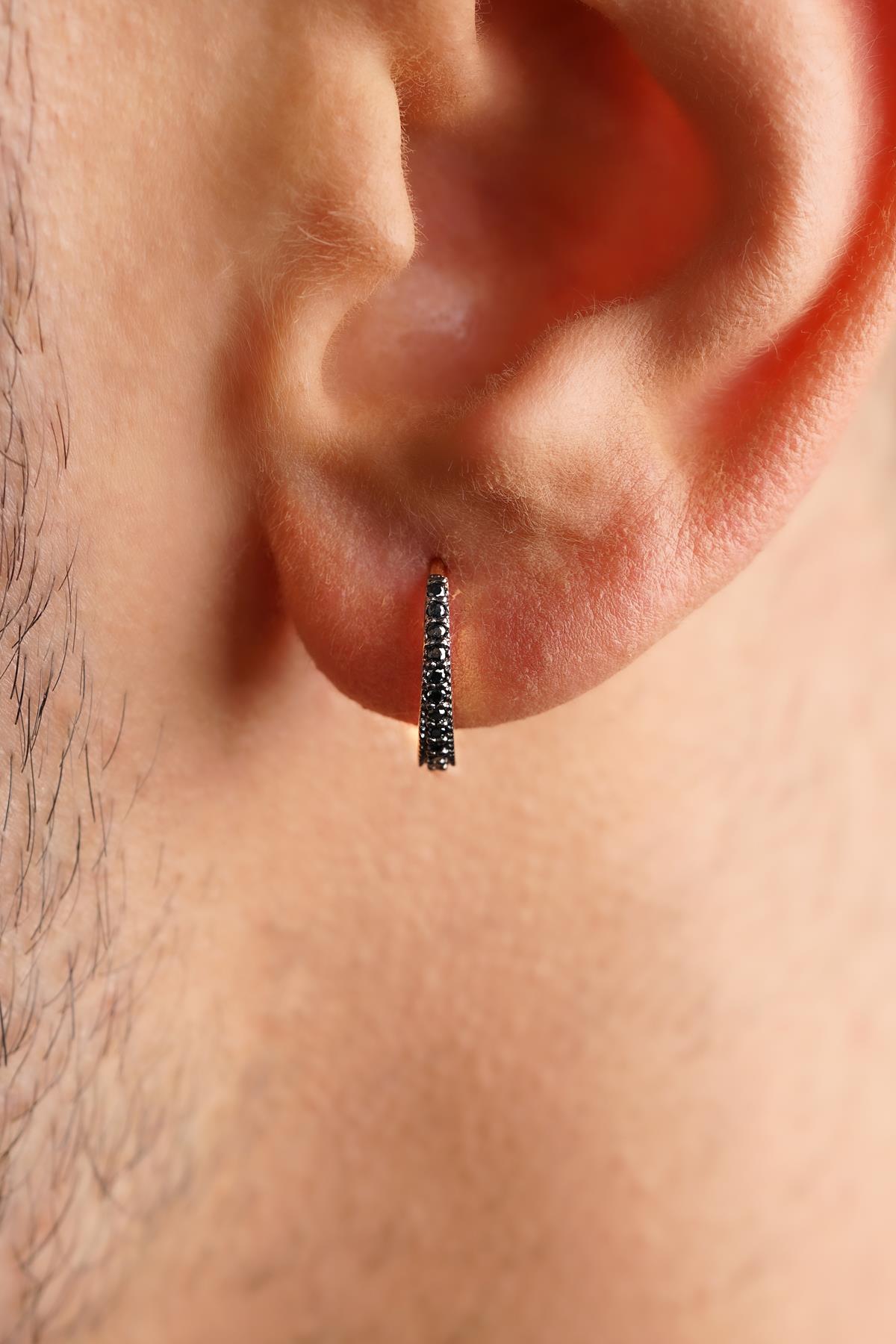 14K Solid Gold Black Stone Huggie Hoop Earrings