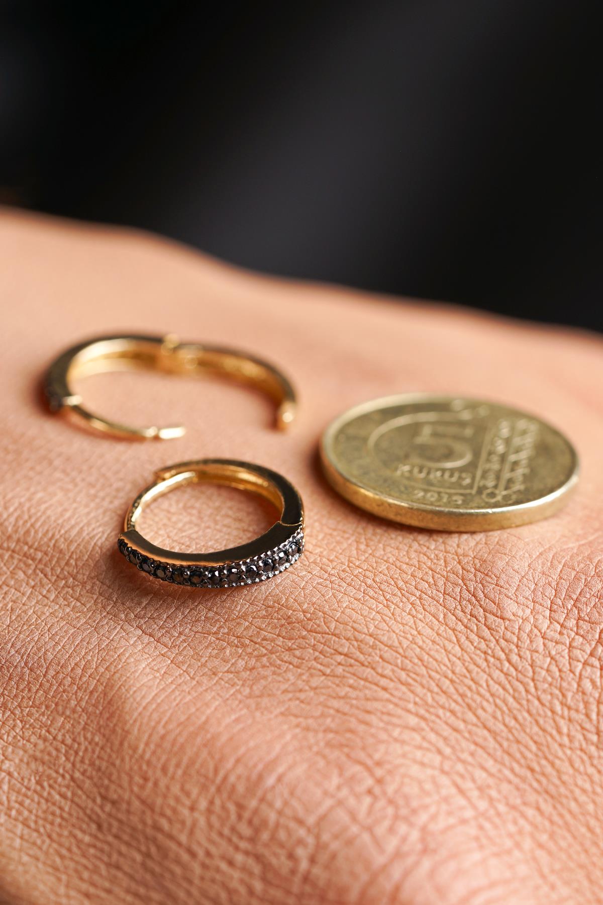14K Solid Gold Black Stone Huggie Hoop Earrings
