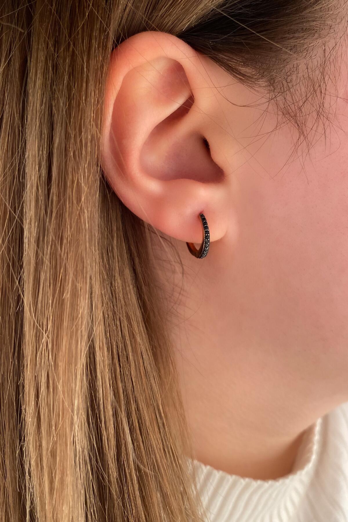 14K Gold Black Stone Huggie Hoop Earrings