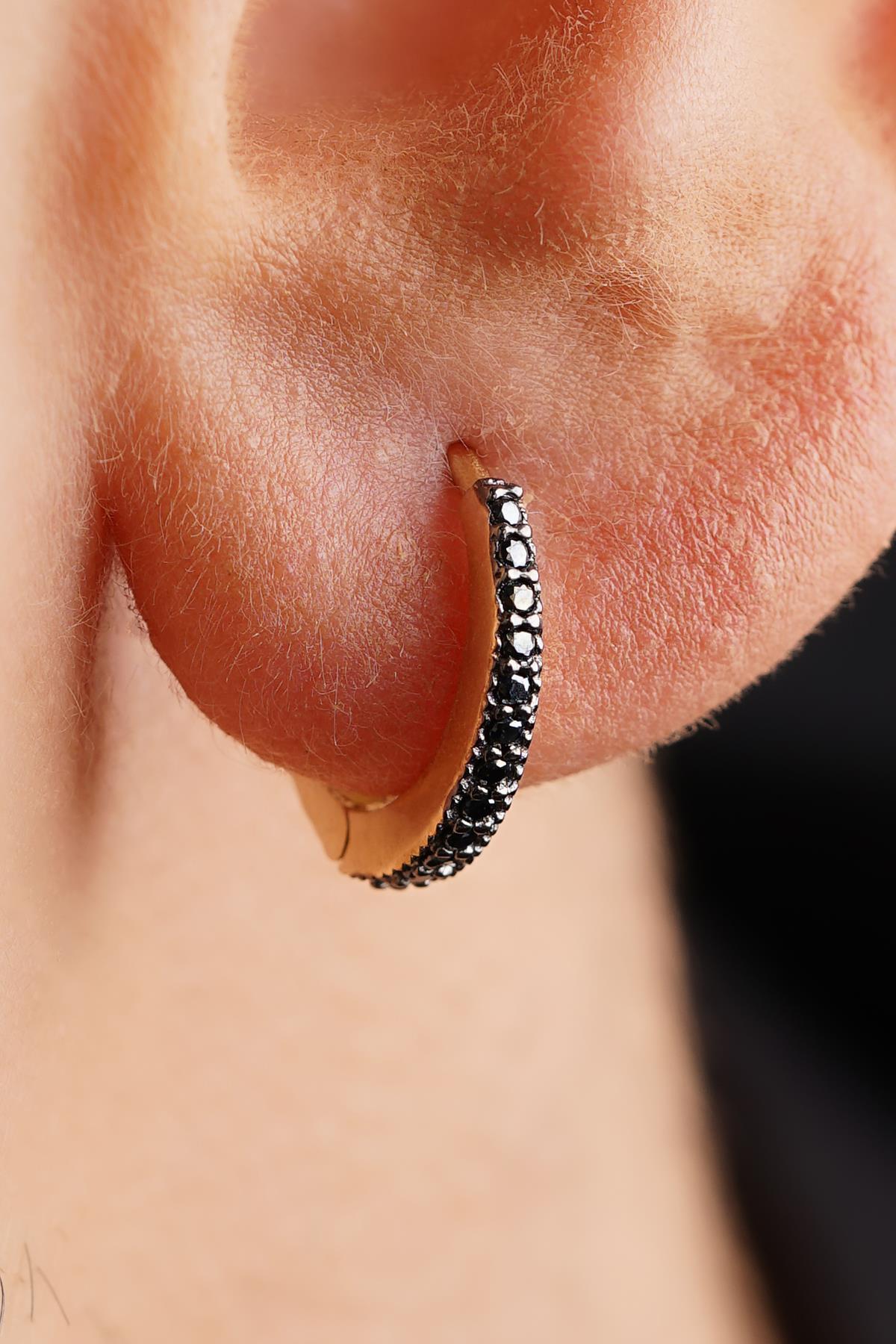 14K Gold Black Stone Huggie Hoop Earrings