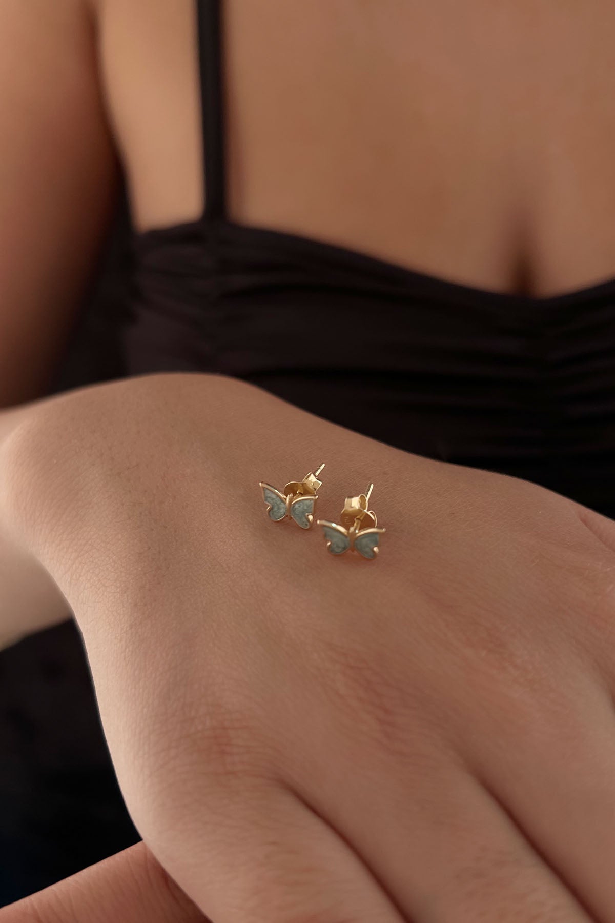 14K Gold Blue Butterfly Earrings