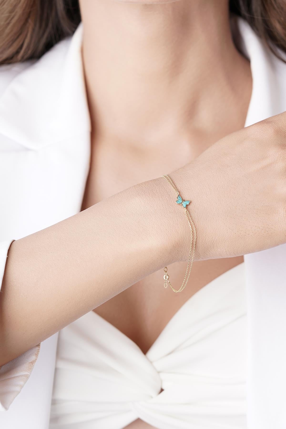 14K Gold Blue Enamel Butterfly Bracelet