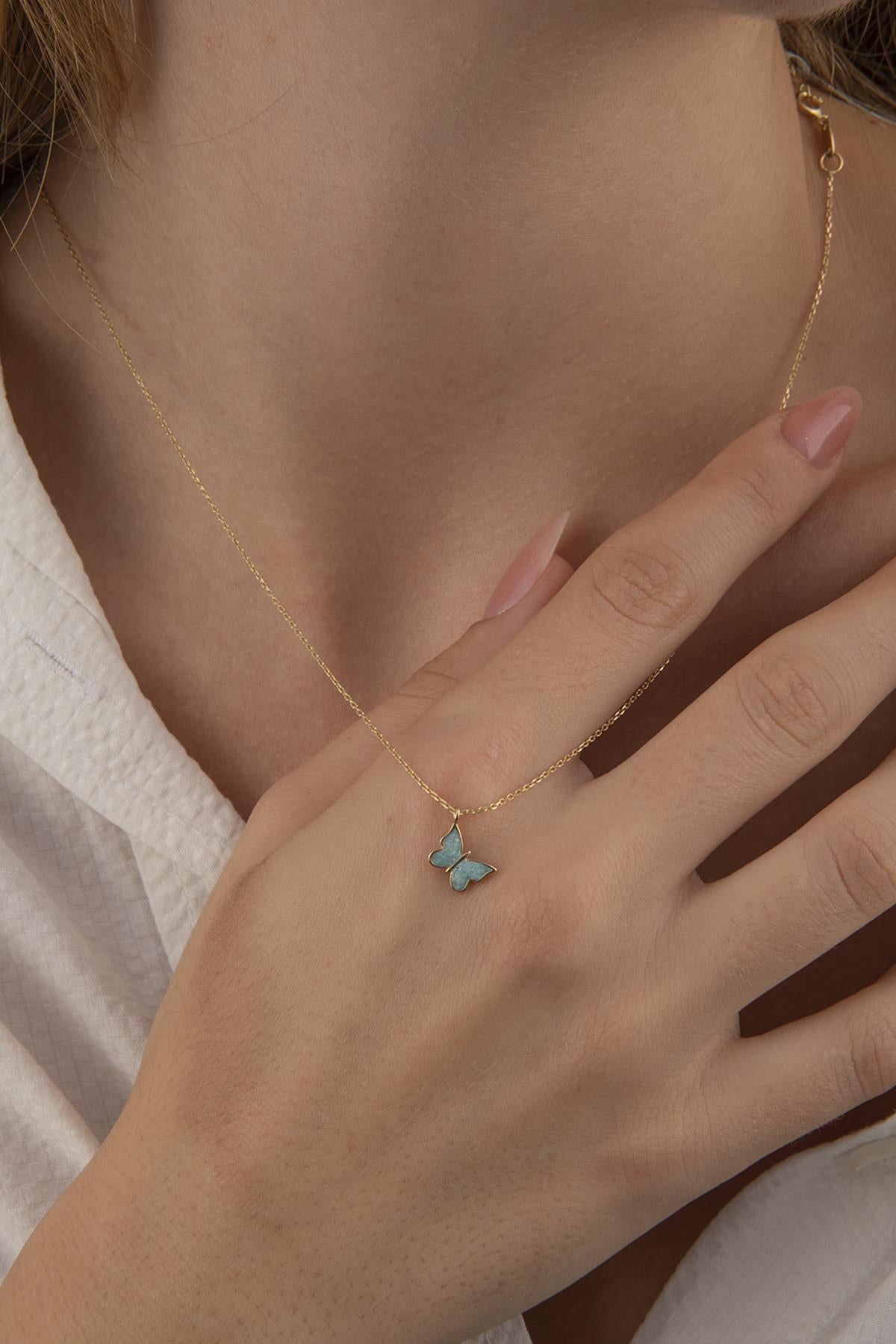 14K Gold Blue Enamel Butterfly Necklace