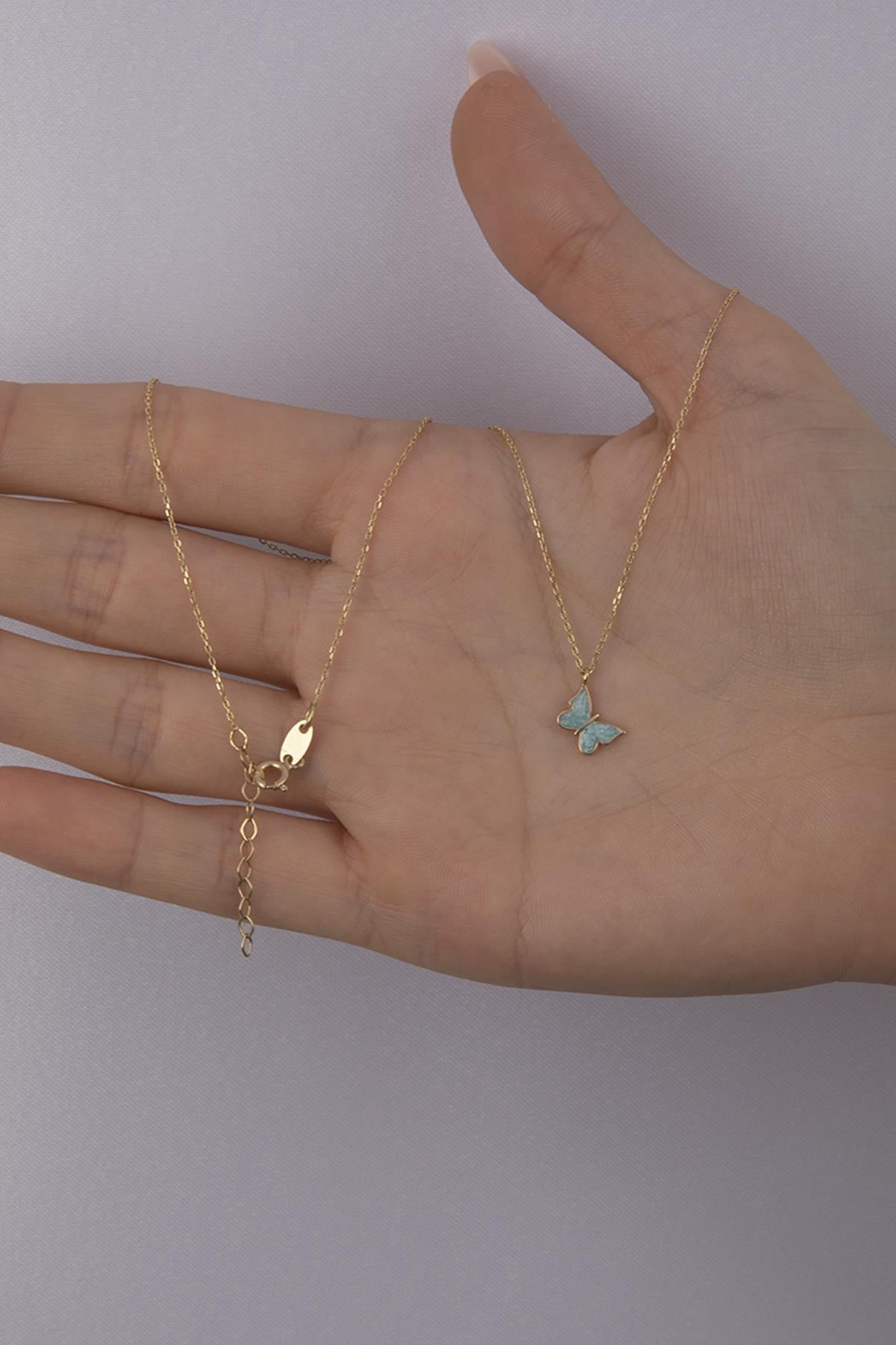 14K Gold Blue Enamel Butterfly Necklace