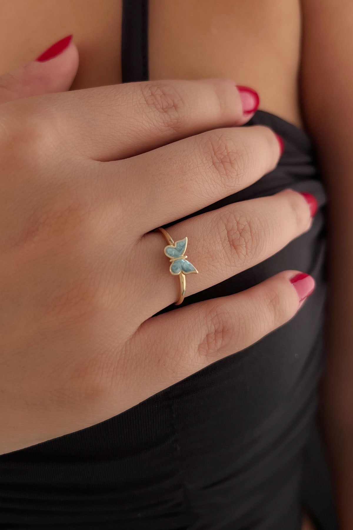 14K Gold Blue Enamel Butterfly Shape Ring