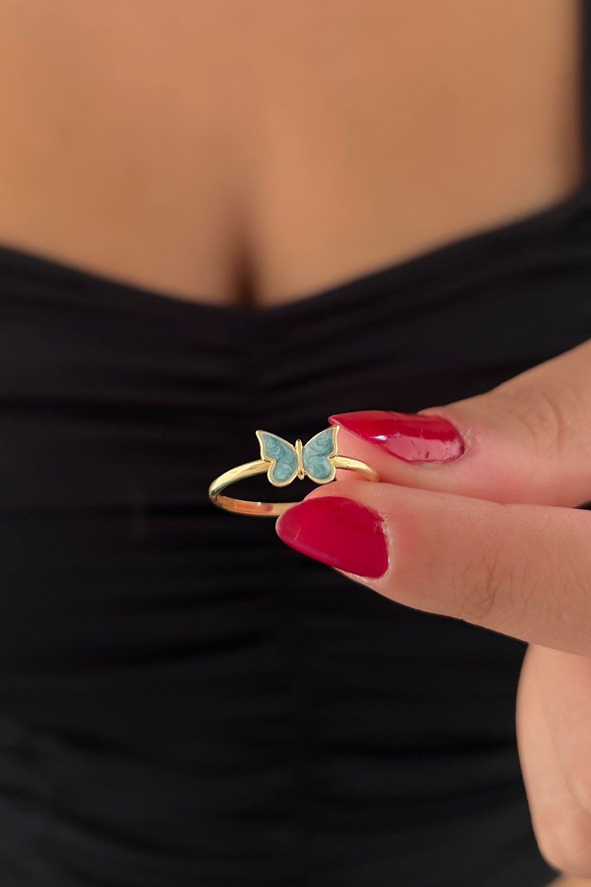 14K Gold Blue Enamel Butterfly Shape Ring
