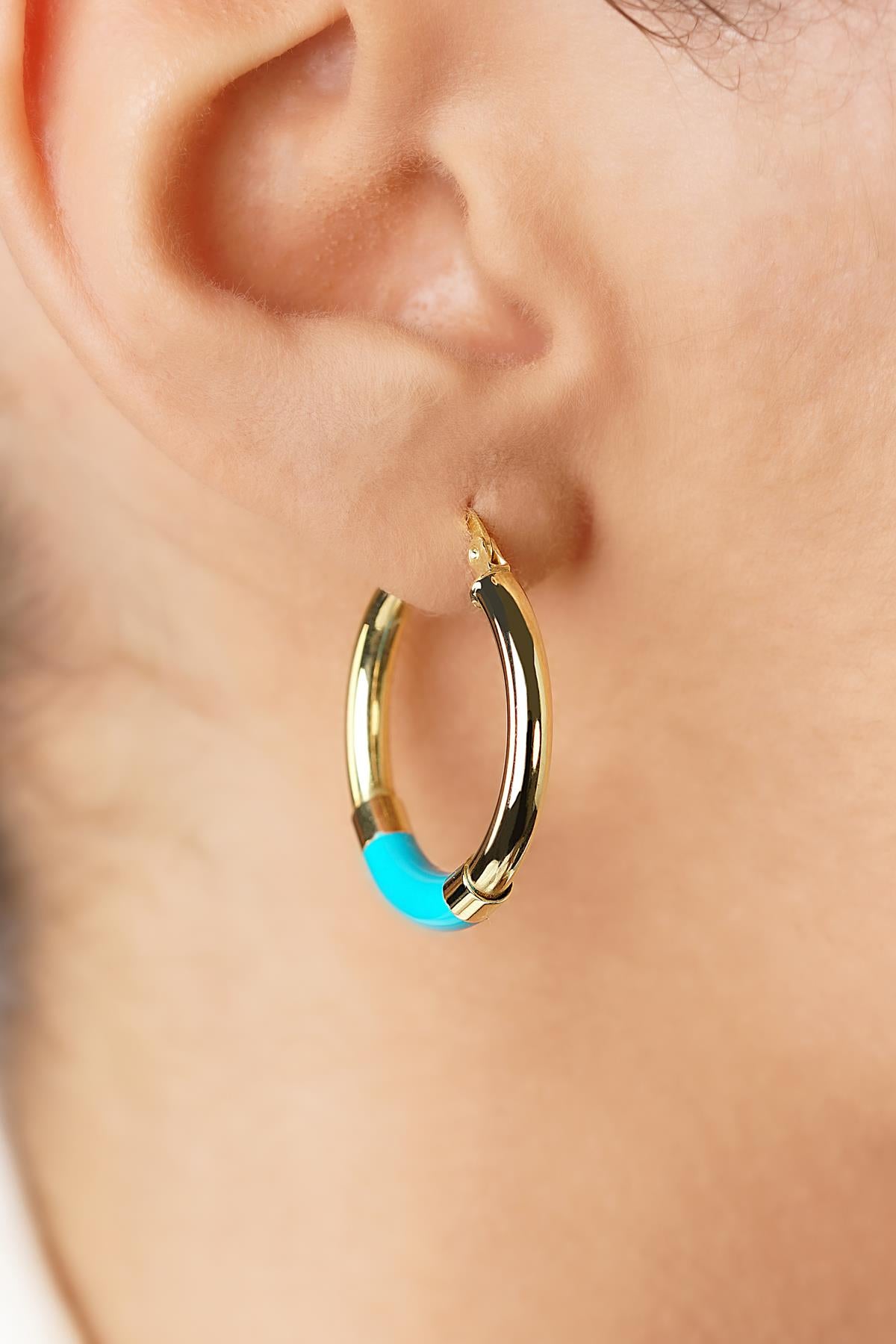 14K Gold Blue Enamel Hoop Earrings