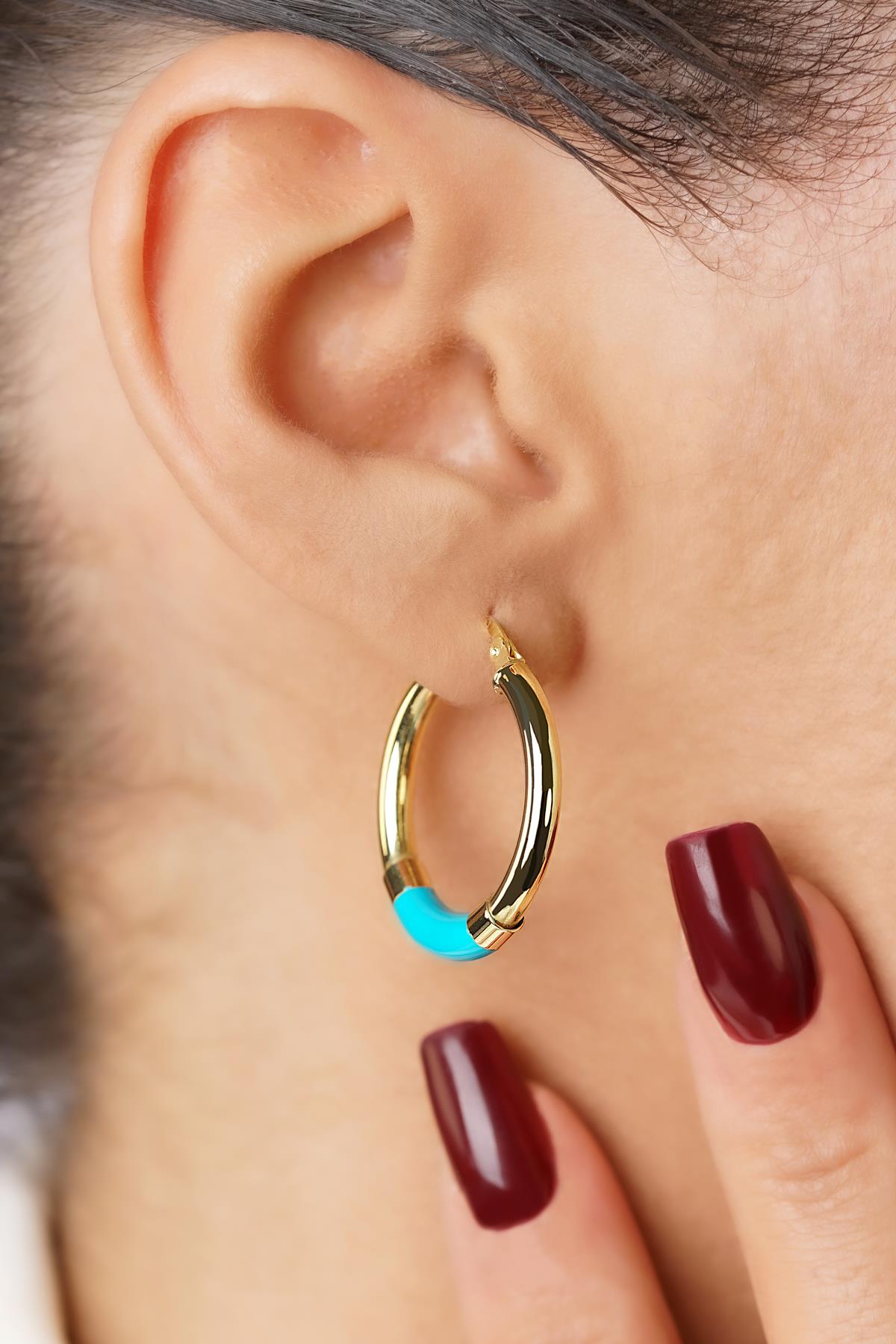 14K Gold Blue Enamel Hoop Earrings