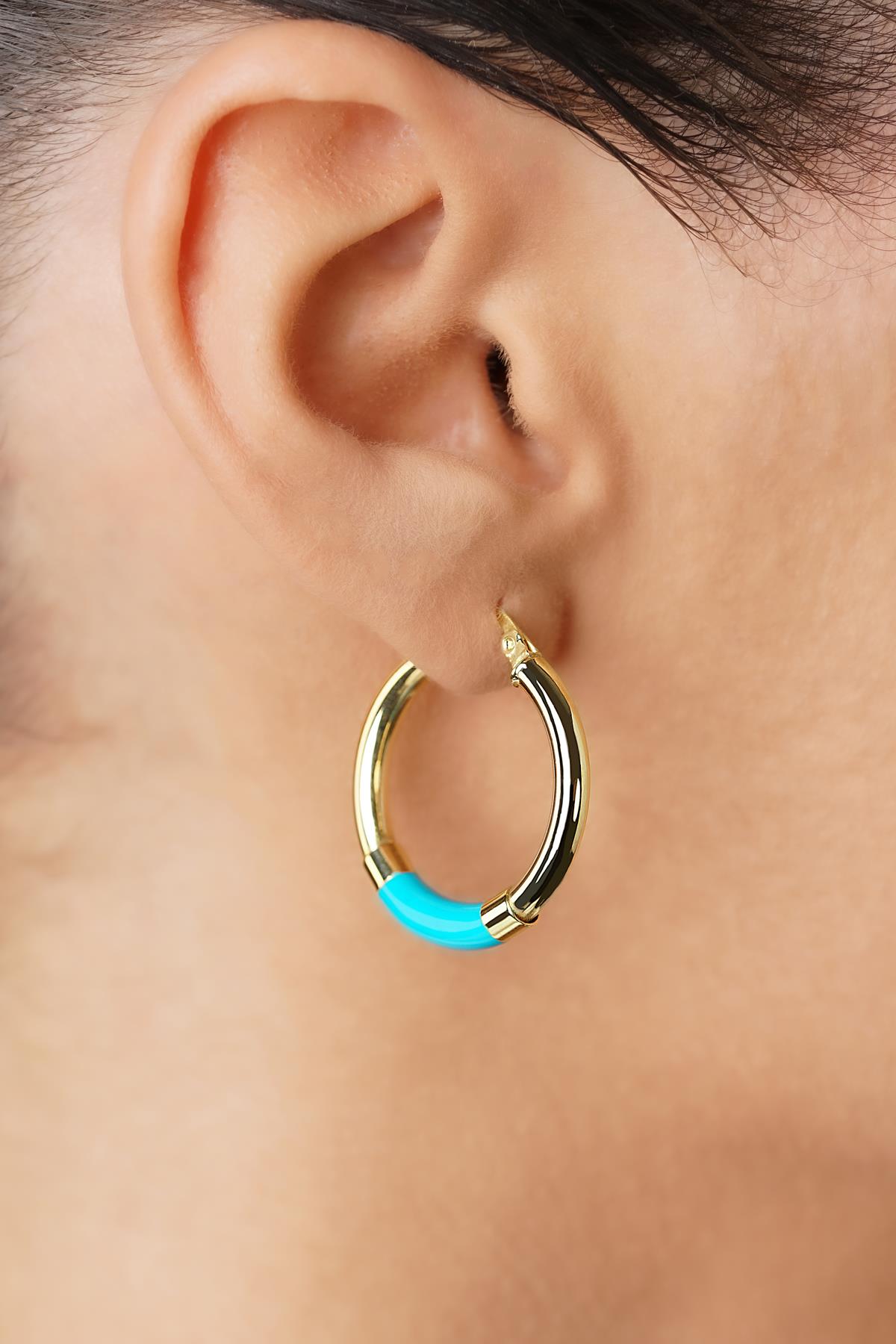 14K Gold Blue Enamel Hoop Earrings